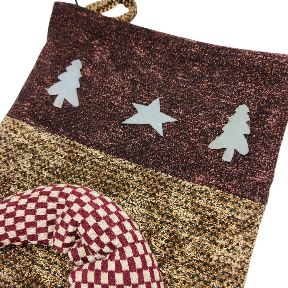 2 Vintage Large Christmas Stocking 3D Teddy Bear Plush Rustic Country Brown Bow